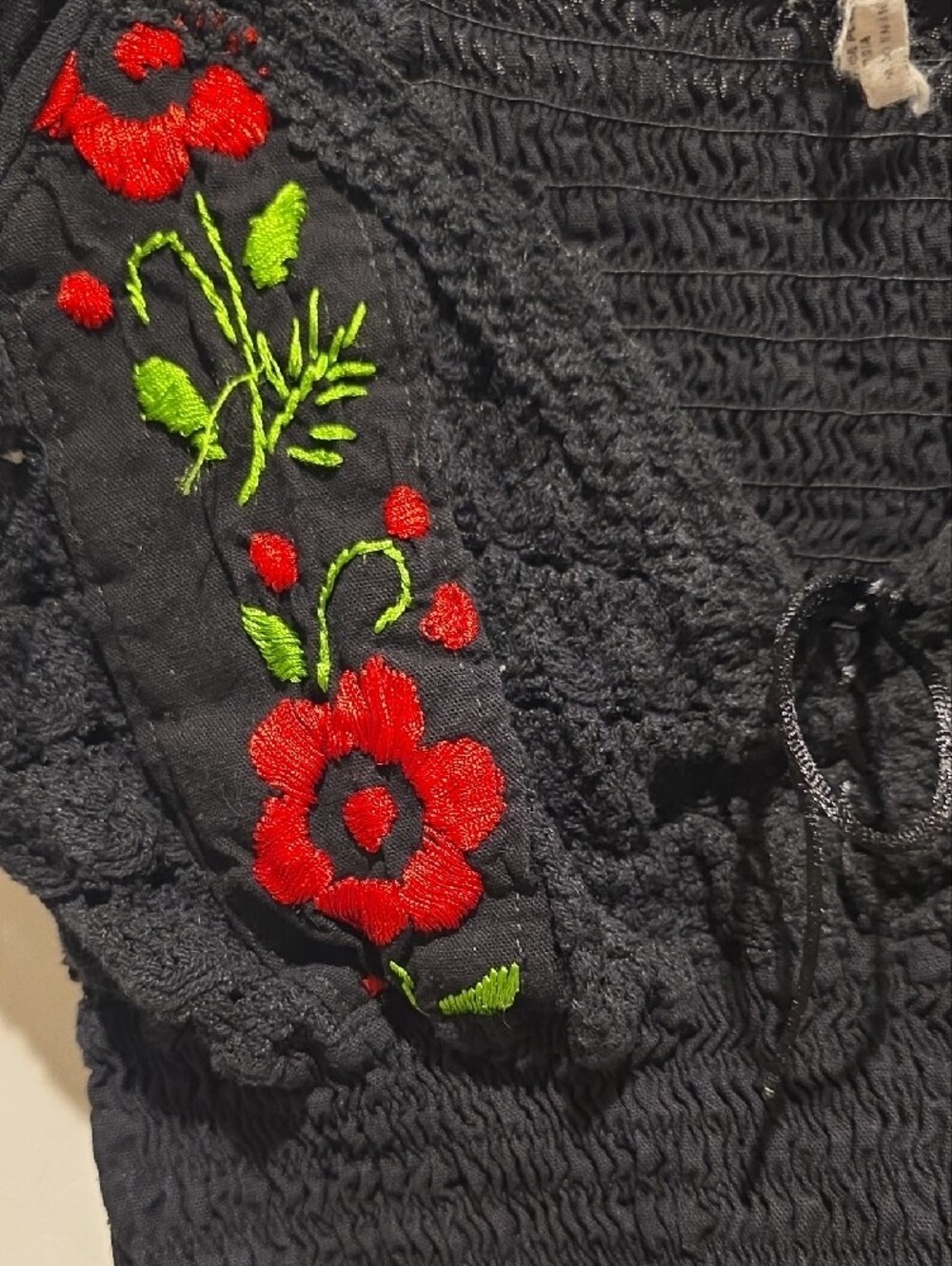 Embroidered Black Women’s Peasant Crop Top with Red Floral Detail - Picture 2 of 9